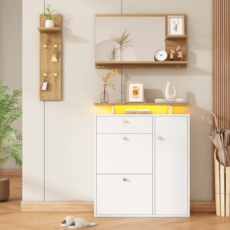 Vestiaire à l'entrée 3 pièces avec miroir, LED, porte-manteau et meuble à chaussures, blanc/naturel, 105x25x151.5 cm MERIDIANVEX