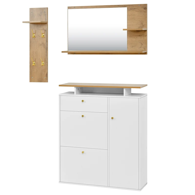 Vestiaire à l'entrée 3 pièces avec miroir, LED, porte-manteau et meuble à chaussures, blanc/naturel, 105x25x151.5 cm MERIDIANVEX