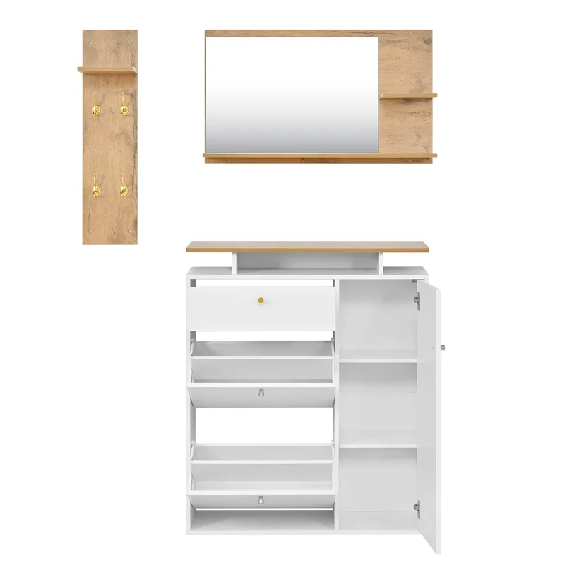 Vestiaire à l'entrée 3 pièces avec miroir, LED, porte-manteau et meuble à chaussures, blanc/naturel, 105x25x151.5 cm MERIDIANVEX