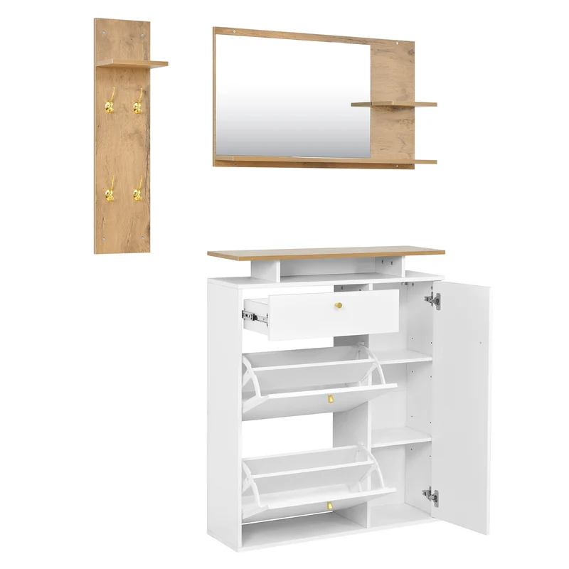 Vestiaire à l'entrée 3 pièces avec miroir, LED, porte-manteau et meuble à chaussures, blanc/naturel, 105x25x151.5 cm MERIDIANVEX