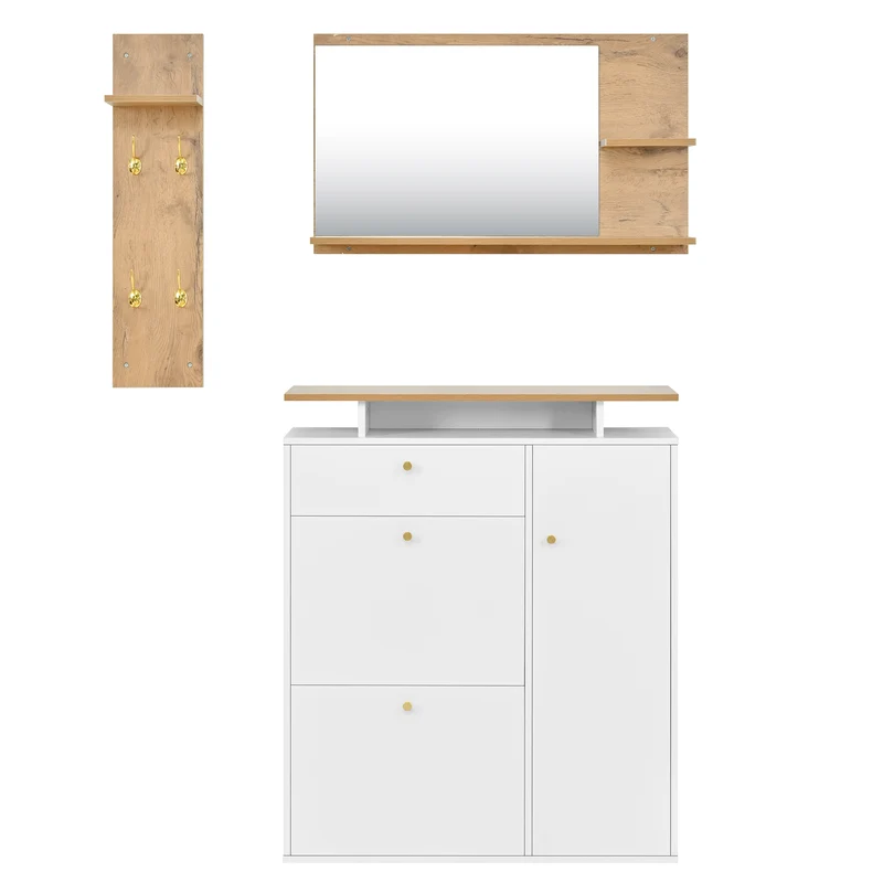 Vestiaire à l'entrée 3 pièces avec miroir, LED, porte-manteau et meuble à chaussures, blanc/naturel, 105x25x151.5 cm MERIDIANVEX