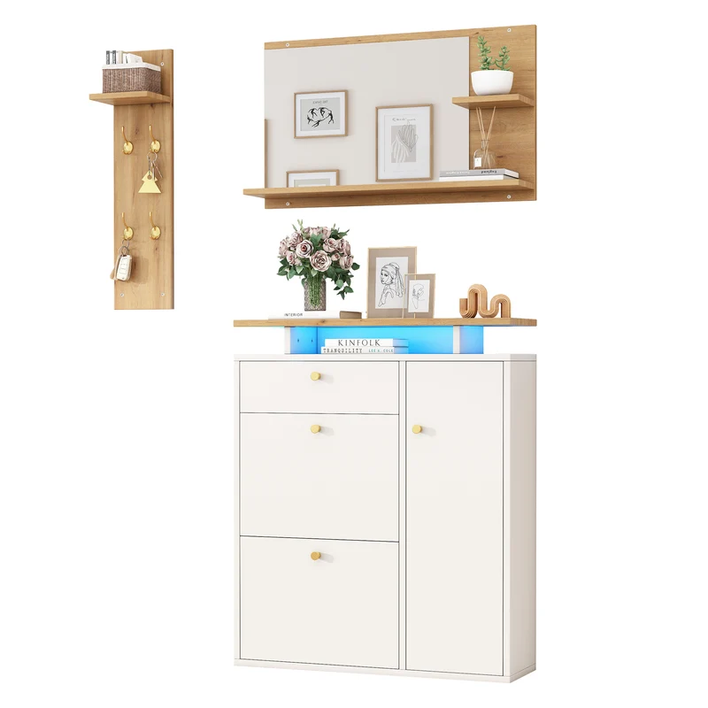 Vestiaire à l'entrée 3 pièces avec miroir, LED, porte-manteau et meuble à chaussures, blanc/naturel, 105x25x151.5 cm MERIDIANVEX