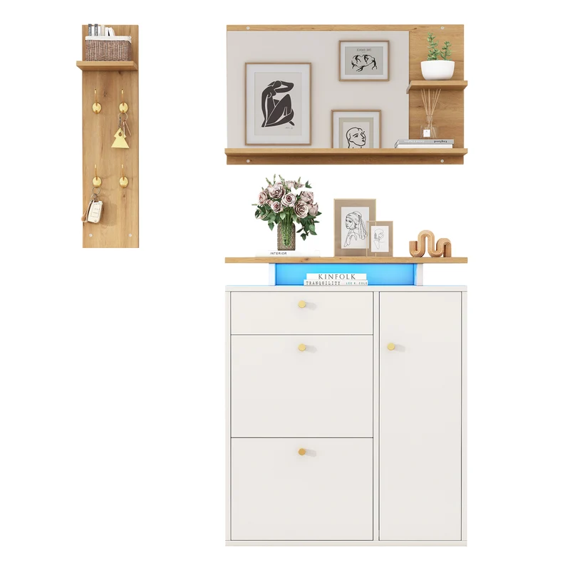 Vestiaire à l'entrée 3 pièces avec miroir, LED, porte-manteau et meuble à chaussures, blanc/naturel, 105x25x151.5 cm MERIDIANVEX
