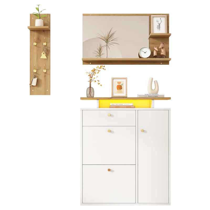 Vestiaire à l'entrée 3 pièces avec miroir, LED, porte-manteau et meuble à chaussures, blanc/naturel, 105x25x151.5 cm MERIDIANVEX