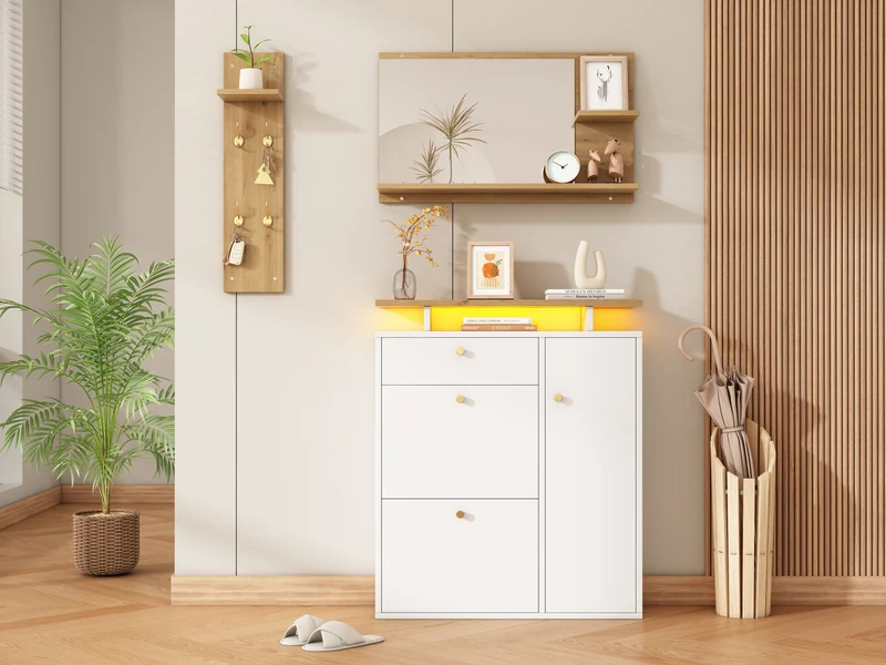 Vestiaire à l'entrée 3 pièces avec miroir, LED, porte-manteau et meuble à chaussures, blanc/naturel, 105x25x151.5 cm MERIDIANVEX