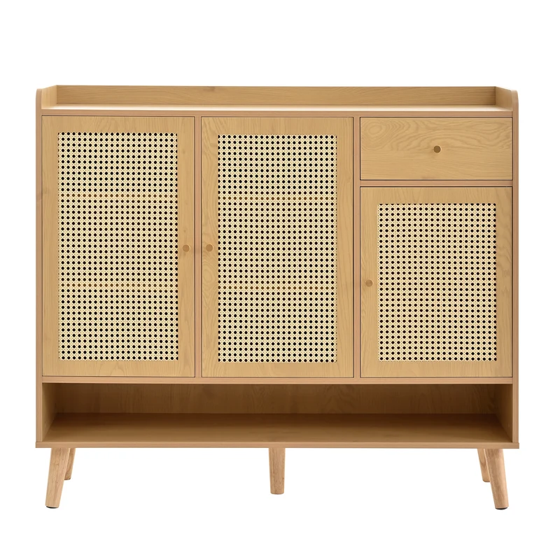 Meuble à chaussures en rotin effet bois 3 portes, 1 tiroir 120x35x106 cm MERIDIANLUME