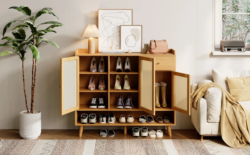 Meuble à chaussures en rotin effet bois 3 portes, 1 tiroir 120x35x106 cm MERIDIANLUME