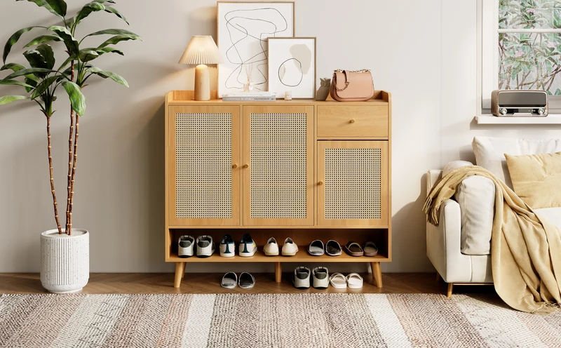 Meuble à chaussures en rotin effet bois 3 portes, 1 tiroir 120x35x106 cm MERIDIANLUME