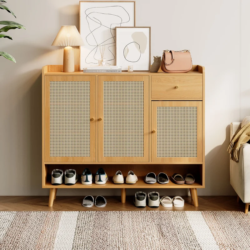 Meuble à chaussures en rotin effet bois 3 portes, 1 tiroir 120x35x106 cm MERIDIANLUME