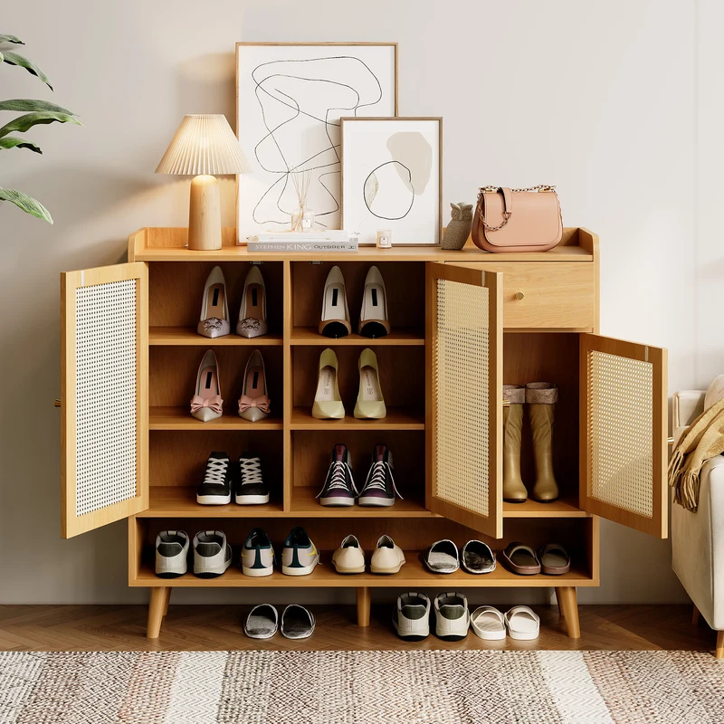 Meuble à chaussures en rotin effet bois 3 portes, 1 tiroir 120x35x106 cm MERIDIANLUME