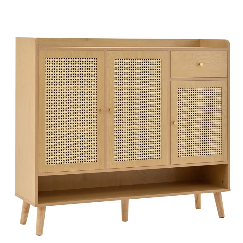 Meuble à chaussures en rotin effet bois 3 portes, 1 tiroir 120x35x106 cm MERIDIANLUME