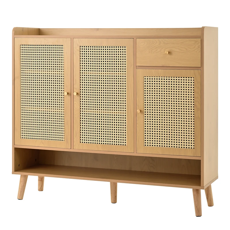 Meuble à chaussures en rotin effet bois 3 portes, 1 tiroir 120x35x106 cm MERIDIANLUME