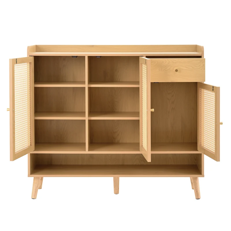 Meuble à chaussures en rotin effet bois 3 portes, 1 tiroir 120x35x106 cm MERIDIANLUME