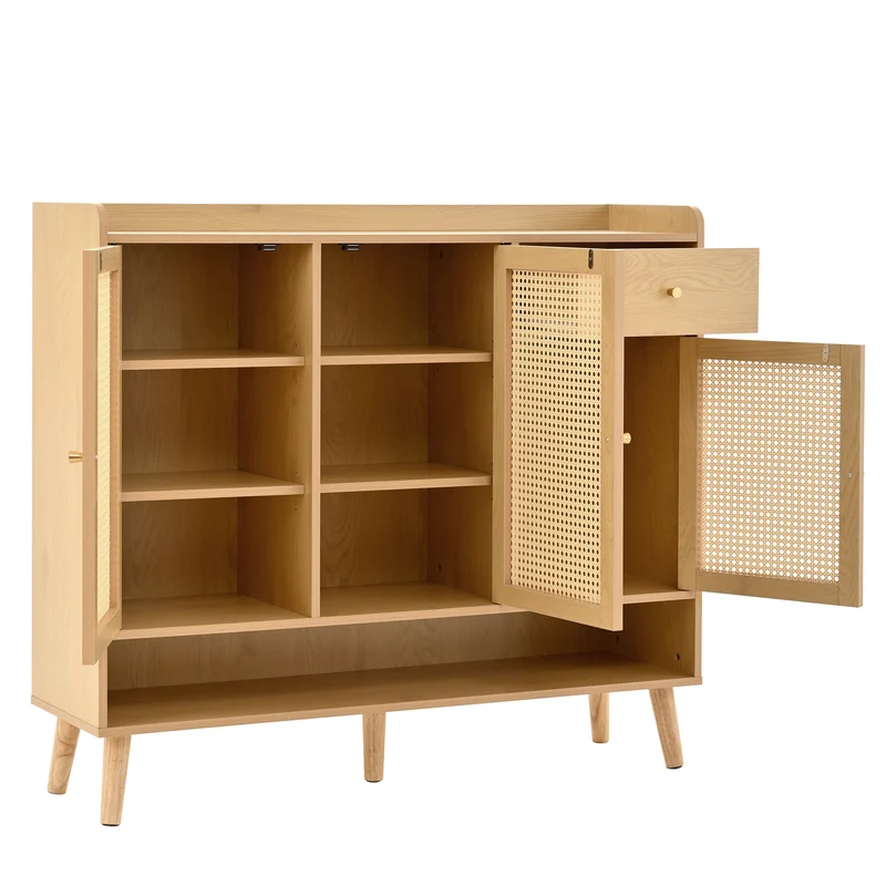 Meuble à chaussures en rotin effet bois 3 portes, 1 tiroir 120x35x106 cm MERIDIANLUME