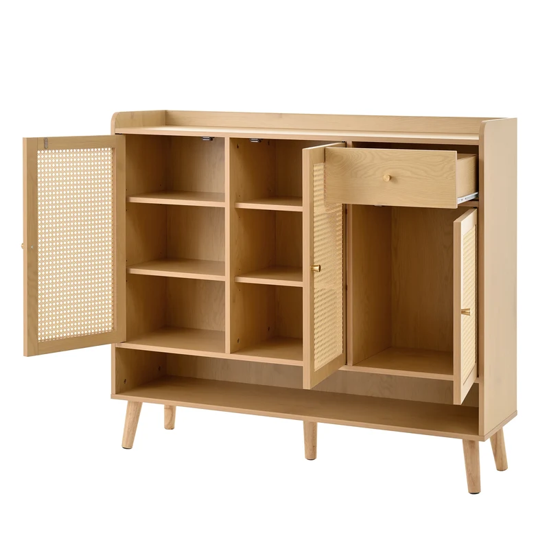 Meuble à chaussures en rotin effet bois 3 portes, 1 tiroir 120x35x106 cm MERIDIANLUME