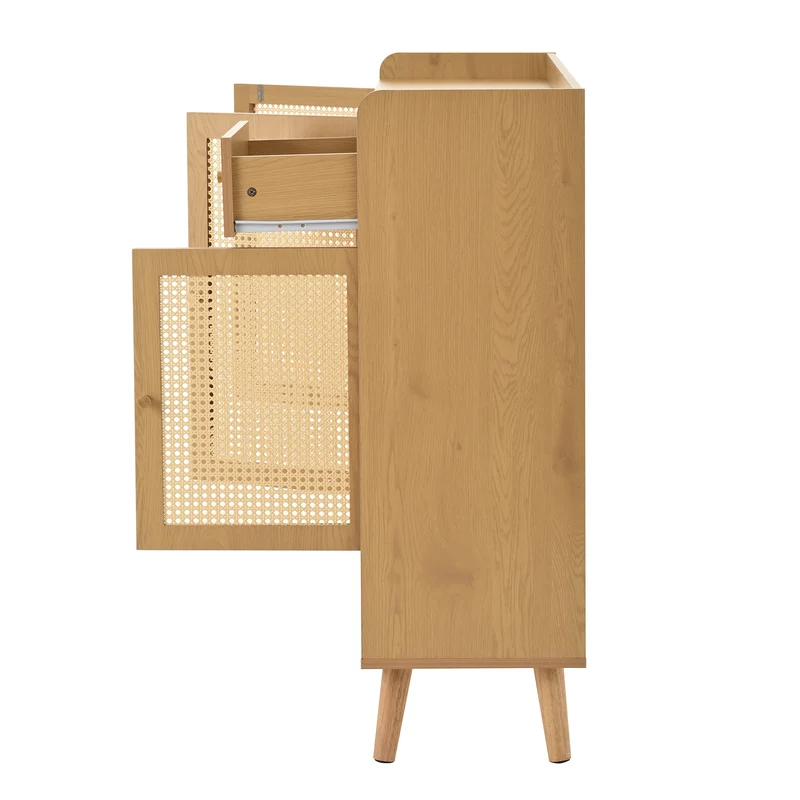 Meuble à chaussures en rotin effet bois 3 portes, 1 tiroir 120x35x106 cm MERIDIANLUME