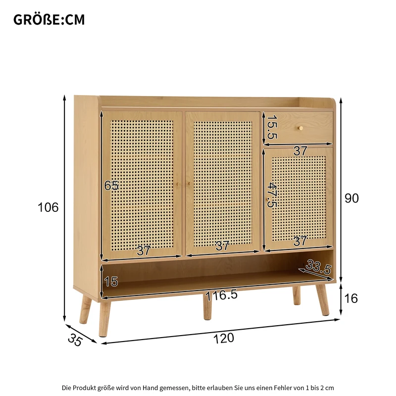 Meuble à chaussures en rotin effet bois 3 portes, 1 tiroir 120x35x106 cm MERIDIANLUME