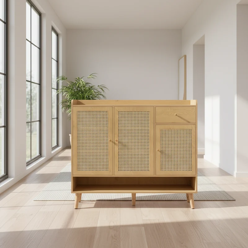 Meuble à chaussures en rotin effet bois 3 portes, 1 tiroir 120x35x106 cm MERIDIANLUME
