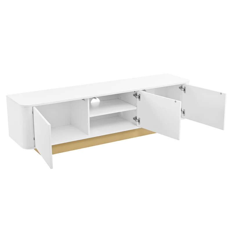 Meuble TV contemporain blanc aux finitions cannelées 3 portes battantes 170x40,5x47 cm CASCADEKAEL