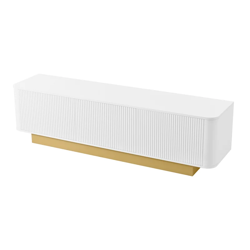 Meuble TV contemporain blanc aux finitions cannelées 3 portes battantes 170x40,5x47 cm CASCADEKAEL