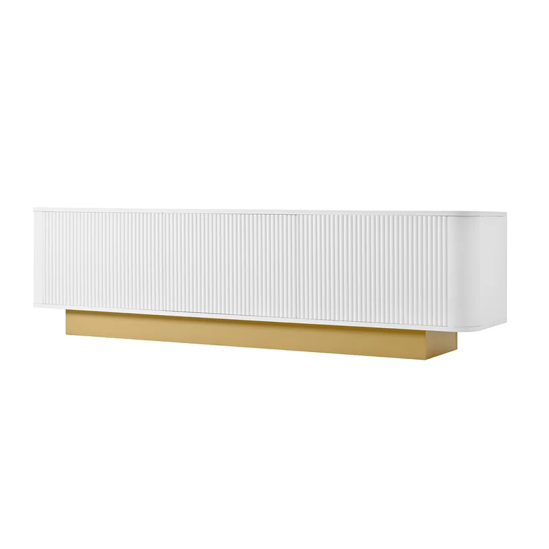 Meuble TV contemporain blanc aux finitions cannelées 3 portes battantes 170x40,5x47 cm CASCADEKAEL