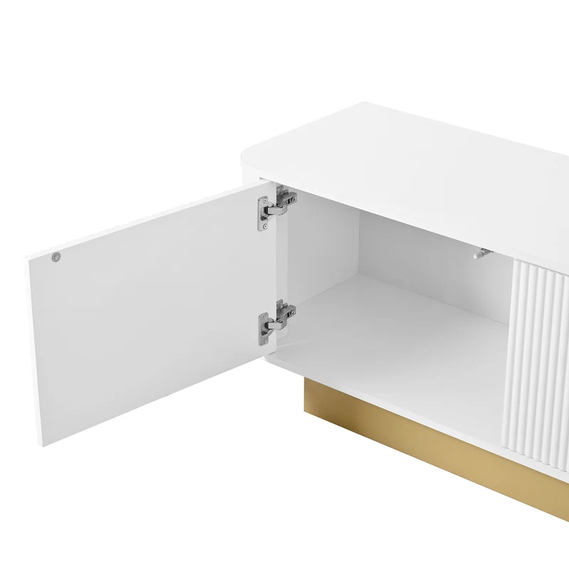 Meuble TV contemporain blanc aux finitions cannelées 3 portes battantes 170x40,5x47 cm CASCADEKAEL
