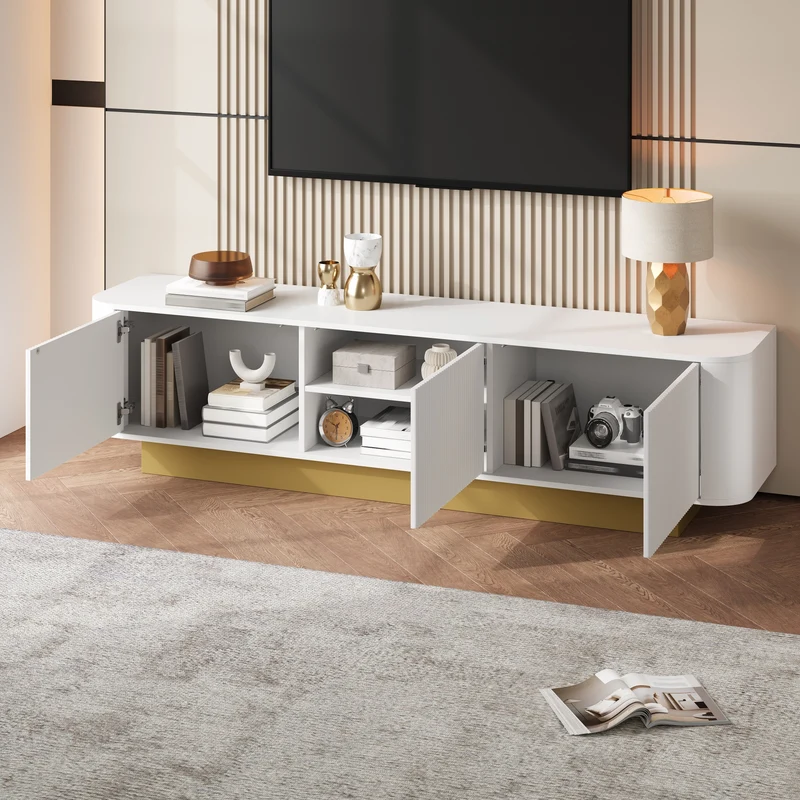 Meuble TV contemporain blanc aux finitions cannelées 3 portes battantes 170x40,5x47 cm CASCADEKAEL
