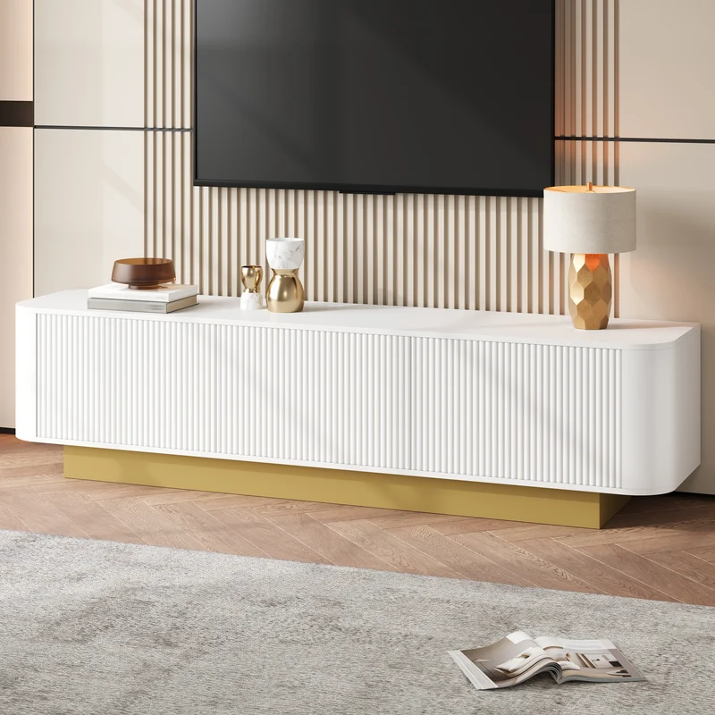 Meuble TV contemporain blanc aux finitions cannelées 3 portes battantes 170x40,5x47 cm CASCADEKAEL
