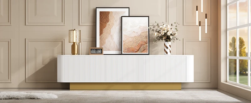 Meuble TV contemporain blanc aux finitions cannelées 3 portes battantes 170x40,5x47 cm CASCADEKAEL