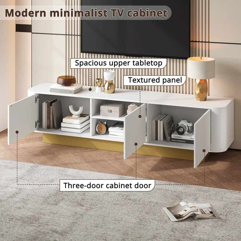 Meuble TV contemporain blanc aux finitions cannelées 3 portes battantes 170x40,5x47 cm CASCADEKAEL