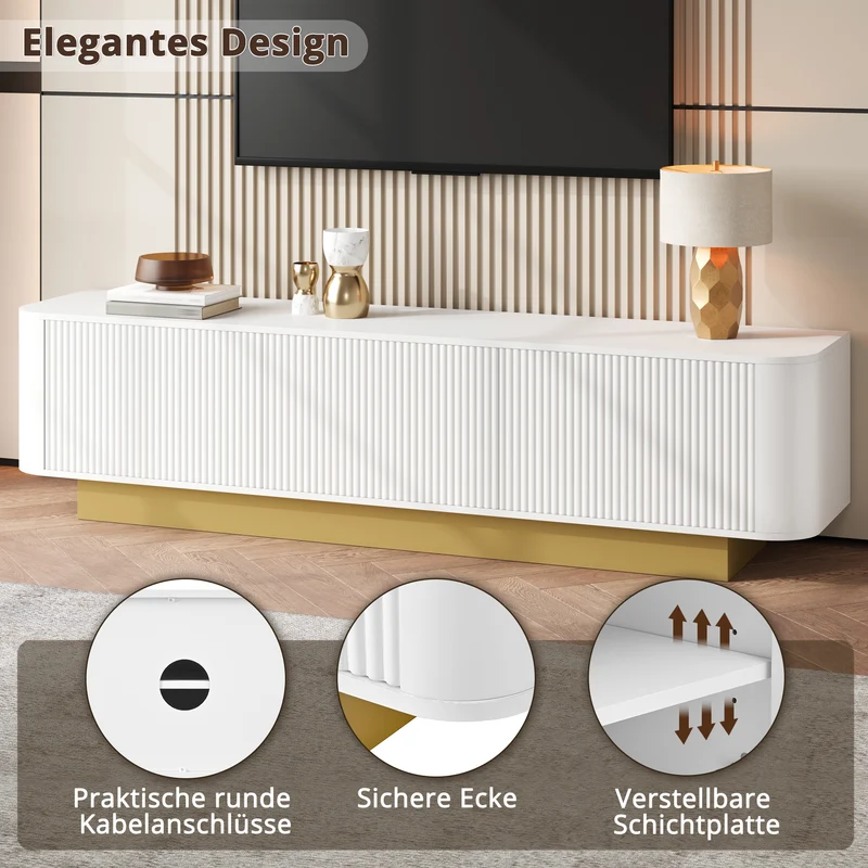 Meuble TV contemporain blanc aux finitions cannelées 3 portes battantes 170x40,5x47 cm CASCADEKAEL