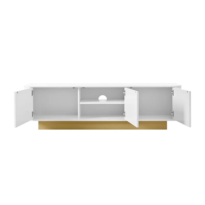 Meuble TV contemporain blanc aux finitions cannelées 3 portes battantes 170x40,5x47 cm CASCADEKAEL