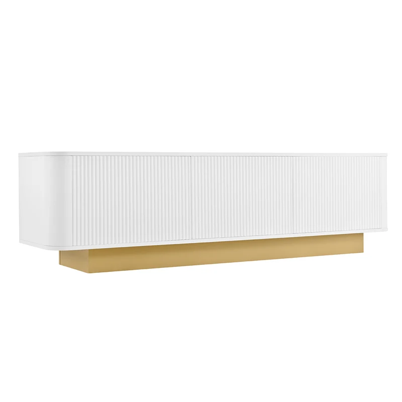 Meuble TV contemporain blanc aux finitions cannelées 3 portes battantes 170x40,5x47 cm CASCADEKAEL
