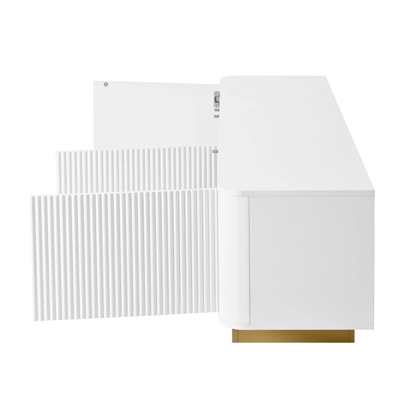 Meuble TV contemporain blanc aux finitions cannelées 3 portes battantes 170x40,5x47 cm CASCADEKAEL