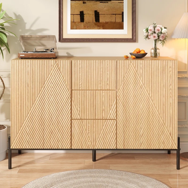 Buffet contemporain effet bois naturel design géométrique 115,5x40x76cm CASCADEXYTE