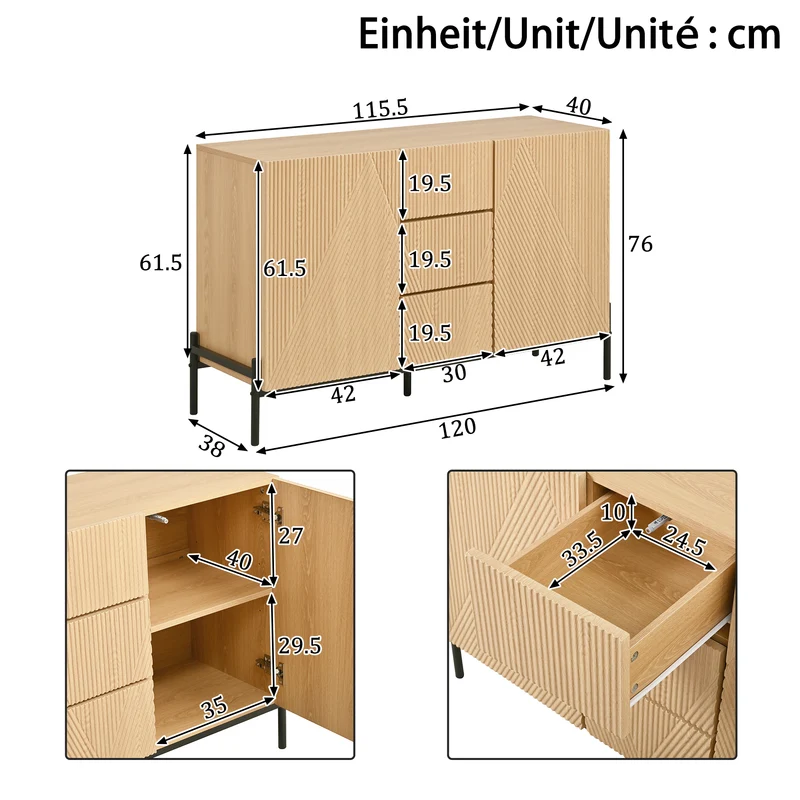 Buffet contemporain effet bois naturel design géométrique 115,5x40x76cm CASCADEXYTE