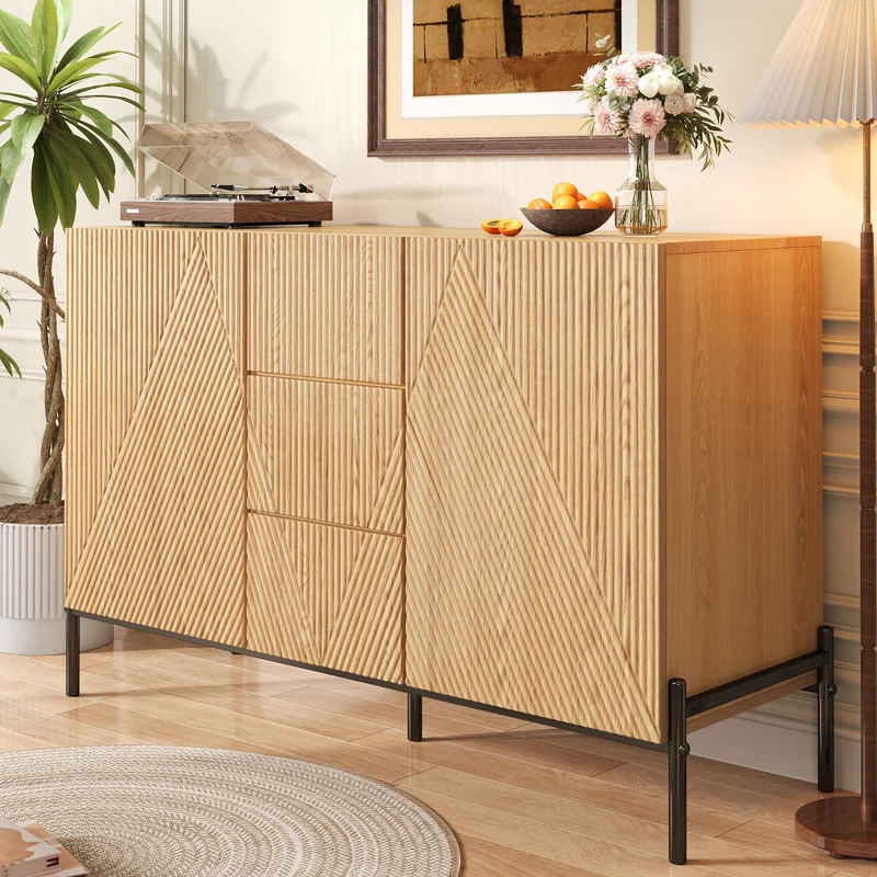 Buffet contemporain effet bois naturel design géométrique 115,5x40x76cm CASCADEXYTE