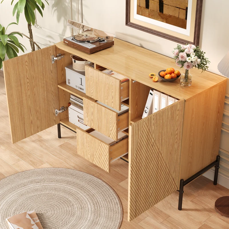 Buffet contemporain effet bois naturel design géométrique 115,5x40x76cm CASCADEXYTE