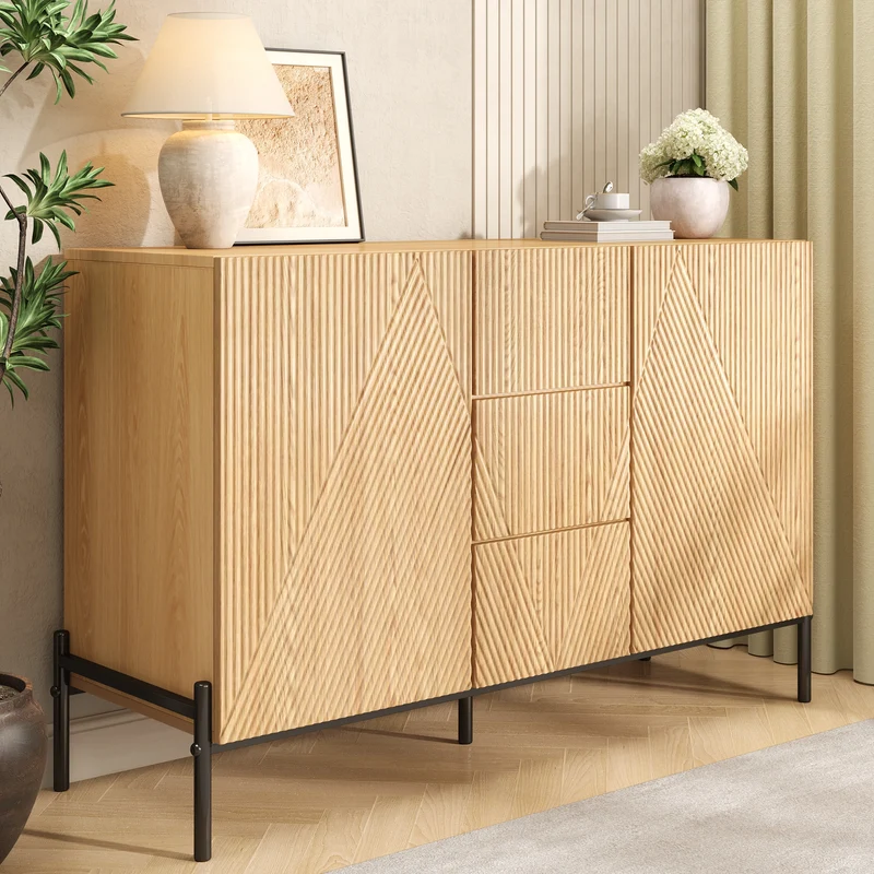 Buffet contemporain effet bois naturel design géométrique 115,5x40x76cm CASCADEXYTE