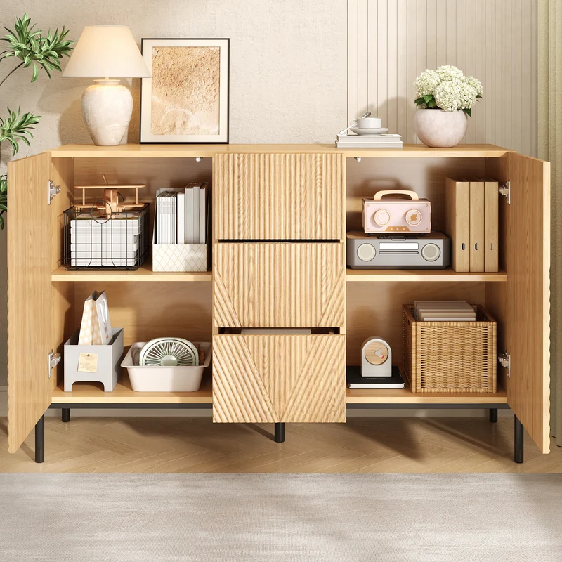 Buffet contemporain effet bois naturel design géométrique 115,5x40x76cm CASCADEXYTE