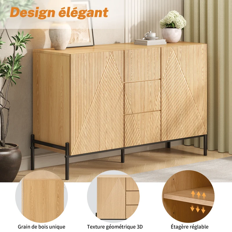 Buffet contemporain effet bois naturel design géométrique 115,5x40x76cm CASCADEXYTE