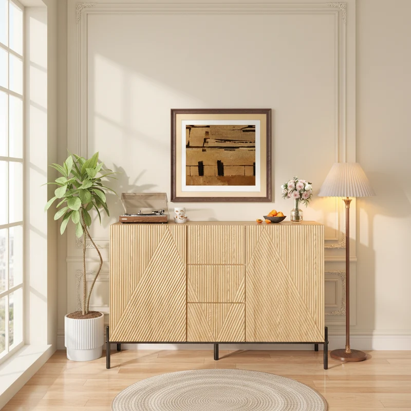Buffet contemporain effet bois naturel design géométrique 115,5x40x76cm CASCADEXYTE