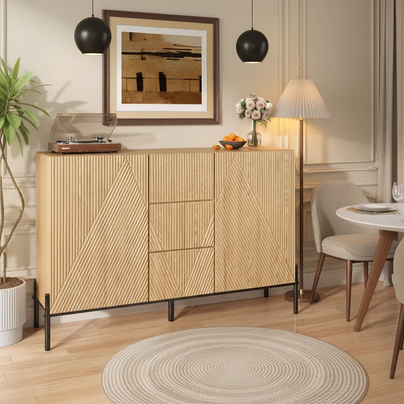 Buffet contemporain effet bois naturel design géométrique 115,5x40x76cm CASCADEXYTE