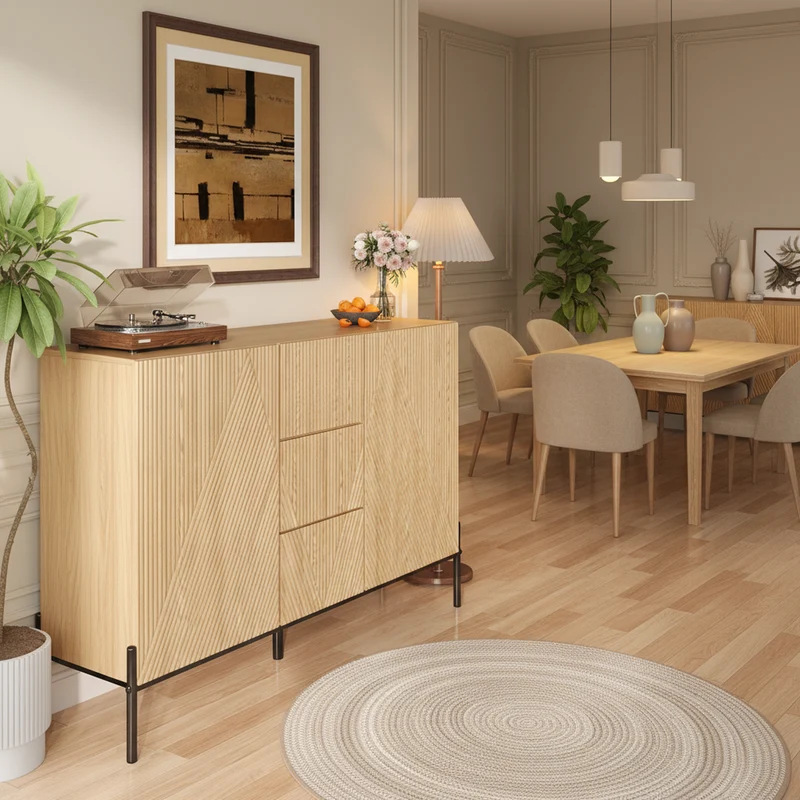 Buffet contemporain effet bois naturel design géométrique 115,5x40x76cm CASCADEXYTE