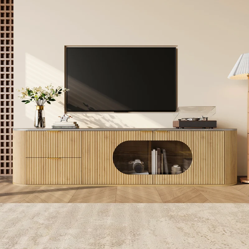 Meuble TV ovale contemporain effet bois naturel et béton gris avec vitrine 172x38x45,5 cm CASCADEPULSE
