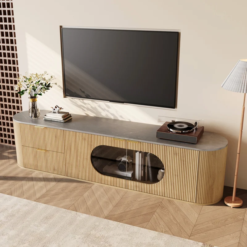 Meuble TV ovale contemporain effet bois naturel et béton gris avec vitrine 172x38x45,5 cm CASCADEPULSE