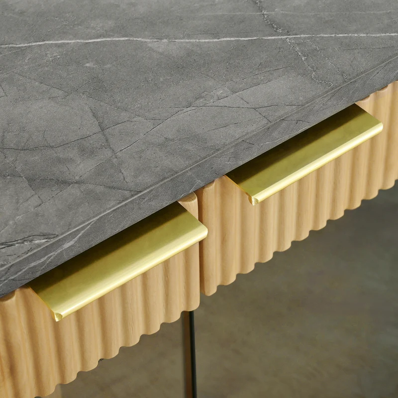 Meuble TV ovale contemporain effet bois naturel et béton gris avec vitrine 172x38x45,5 cm CASCADEPULSE