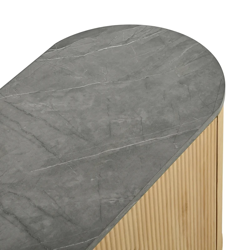 Meuble TV ovale contemporain effet bois naturel et béton gris avec vitrine 172x38x45,5 cm CASCADEPULSE