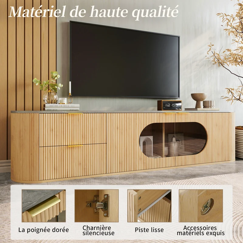 Meuble TV ovale contemporain effet bois naturel et béton gris avec vitrine 172x38x45,5 cm CASCADEPULSE