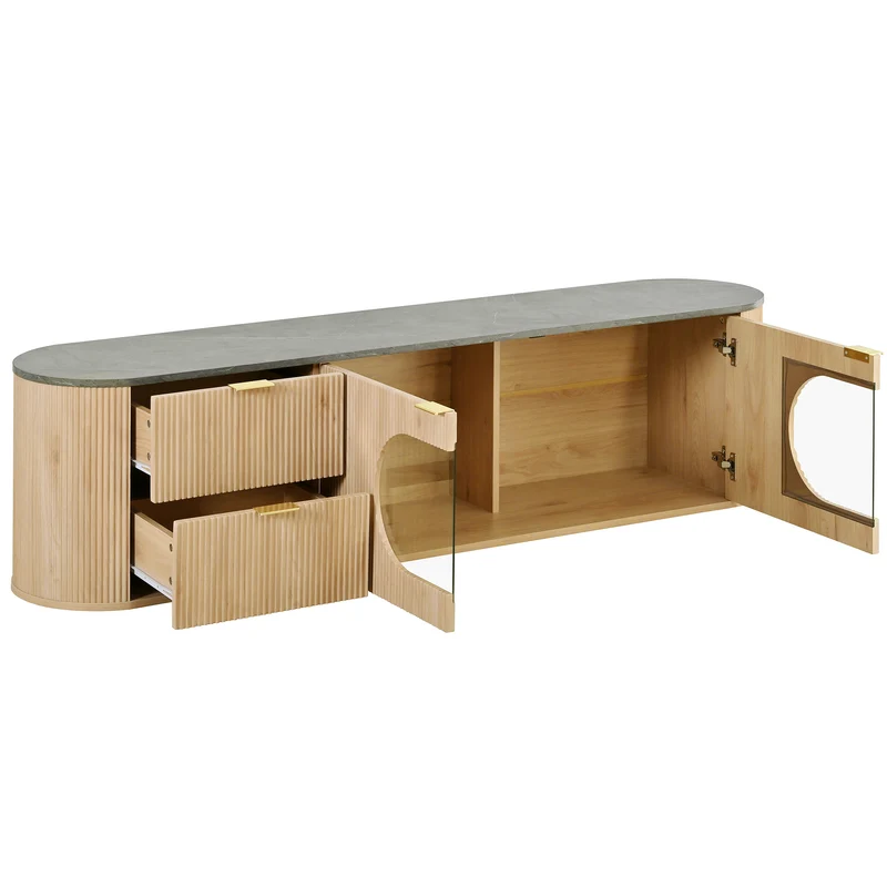 Meuble TV ovale contemporain effet bois naturel et béton gris avec vitrine 172x38x45,5 cm CASCADEPULSE